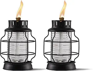 TIKI Tabletop Metal Torch Lanterns, 2-Pack  Stylish Outdoor Tabletop Tiki Torches for Patio, Garden & Backyard, Decorative Torch with Fiberglass Wick & Snuffer, Black