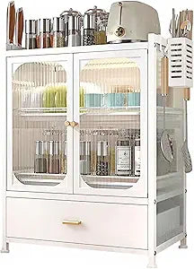 Kitchen Countertop with Drawers Dish Cabinet, Dish Rack,Dual Door Dustproof Multifunctional Kitchen Storage Cabinet Suitable for Tabletop Tableware Storage in Kitchens and Restaurants (White)