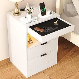Yusong Night Stand with Gun Drawer & Invisible Lock, Bedside Table, LED Nightstand with Charging Station, Modern Night Stand, Wood Sofa Couch End Side Table with 2 Pull-Out Shelf (White 002)
