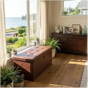 Storage Ottoman, Ottoman Faux Leather Bench, Rectangular Storage Ottoman for Bedroom End of Bed,Combination of Button Suede Rivet Design Ottoman with Storage 32.28" L x 15.75" W x 15.75" H