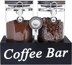 WYTAOHZL 2PCS Glass Coffee Containers with Shelf 54 oz Coffee Station Organizer Glass Bean Storage with Spoon Canister Set Jars with Airtight Locking Clamp for Bean Sugar Nuts