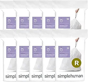 simplehuman Code R 200 Count Custom Fit Liners, Drawstring Kitchen Trash Bags, One-by-One Mess-Free Dispense, Extra Thick & Double Seamed, 50% PCR Plastic, 9-10 Liter / 2.6 Gallon, White
