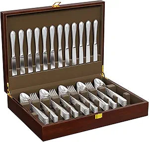 Walnut Wood Silverware Storage Box,Silverware Case Flatware Chest with Felt Lined,Flatware Storage Box for 12 sets of Utensils,Silverware Chest without Silverware,Silverware Organizer with Lid