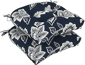 DYTXIII Set of 2 Outdoor Chair Cushions 19"x19"x4", Water Repellent Tufted Patio Seat Cushions with Ties, Thick Replacement Pads for Wicker Dining Chairs, Patio Furniture, Vines Navy