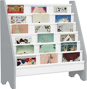 CHOEZON 6-Tier Kids Bookshelf, Book Shelf for Kids Room, Sling Bookcase, Magazine and Book Storage Rack, Large Capacity Book Organizer for Nursery, Bedroom, Playroom, White and Gray MCW07WG