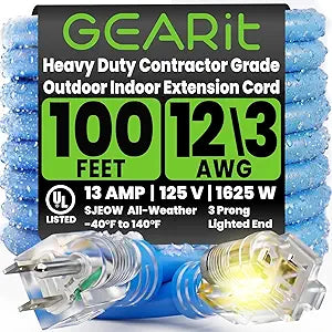 GEARit 100 ft Outdoor Extension Cord 12/3 Gauge SJEOW 12 AWG, 3-Prong Heavy Duty Power Cable with Lighted End, 13A 125V 1625W, Waterproof Cord for Tools, Lawn & Garden, Blue