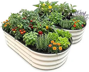 Raised Garden Bed, Metal Planter Box, Oval Shape, Outdoor Planting Flower Herb Vegetable Planter(2 PCS of 421 ft, Ivory Oval)