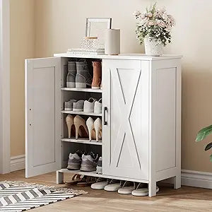 Homleke Farmhouse Shoe Cabinet with 2 Barn Doors & Wood Legs, 5-Tier Shoe Storage Cabinet with 3 Adjustable Shelves, Tall Shoe Rack Organizer for Closet, Shoe Organizer for Entryway, Hallway, White