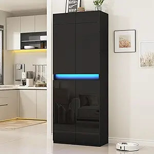 Furnify 71" Tall Pantry Storage Cabinet, Kitchen Pantry with High Gloss Doors, Modern Buffet Hutch Cabinet with Led Light and Adjustable Shelves for Dining Room, Living Room, Black