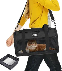 Pet Carrier Airline Approved, Soft Sided Cat Carrier for Small Pets up to 13 lbs, TSA Approved Dog Travel Bag, Portable Soft Sided Pet Carrier for Kittens and Puppies (Black, Travel Litter Box)