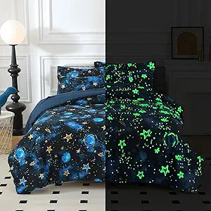 Glow in The Dark Kids Comforter Set, 3 Pieces Blue Space Bedding Set Twin Size for Boys Girls Teen, 1 Comforter, 1 Pillowcase, 1 Pillow Sham