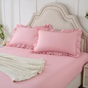 Homiest 2-Piece Ruffle Pillow Case & Fitted Sheet Set, Light Pink Twin