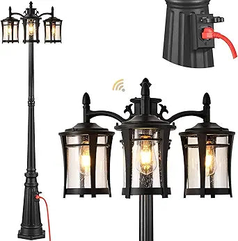 Gleamz Dusk to Dawn Outdoor Post Lights with Outlet, 3-Head Black Lamp Post Light Fixture, Anti-Rust Aluminium Outdoor Street Light Pole Mount, Exterior Posts Lighting for Garden, Hardwired Non-Solar