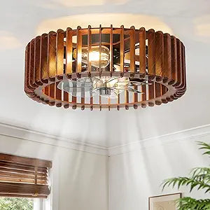 20" Farmhouse Wooden Caged Flush Mount Ceiling Fan with Lights, DC Motor, 6 Speeds Remote Control, Low Profile Bladeless Fandelier for Bedroom, Kitchen, Living Room