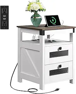 WLIVE Nightstand with Charging Station, Farmhouse End Table, Bed Side Table with 2 Storage Drawers and Open Shelf, Wood Rustic Nightstands for Bedroom, White