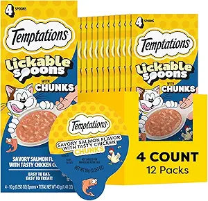 Temptations Lickable Spoons, Soft Lickable Cat Treats, Adult Wet Cat Treats, Salmon Flavor with Chicken Chunks, 4 Spoons, Pack of 12 (48 Total)