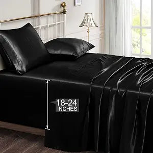Vonty Black Satin Sheets King Extra Deep Pocket 18-24In 4PC