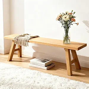 47.2" Solid Wood Entryway Bench - Extra Long Elm Wood Farmhouse Dining Bench for Hallway, Bedroom, Kitchen - Antique Natural Finish