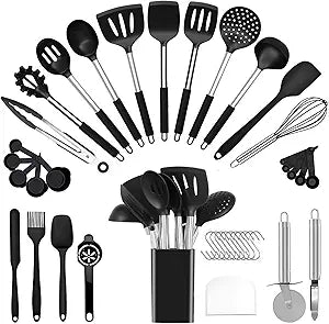 40 Pcs Kitchen Utensils Set Silicone Cooking, 446 Heat Resistance Stainless Steel Metal, Spaghetti Spoon Cookware Utensils, Rubber Tools Nonstick Kitchenware Can Dishwasher Safe