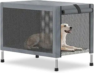 Medium Stainless Steel Elevated Dog Crate with Removable Cover, 2-in-1 Indoor & Outdoor Raised Pet House, Rust-Proof Dog Kennel with Silicone Anti-Slip Feet, Tool-Free Assembly