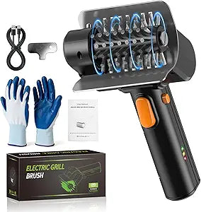 Electric Grill Brush with Dual Safety Lock - Ideal Gift for Men Dad Husband, Professional BBQ Cleaner with Submersible 304 SS Head, Splash-Proof Scrubber for Outdoor Grill (Orange Button)