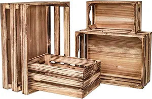 Large Wooden Crates Set of 4 Decorative Storage Box with Handles, Rustic Torched Brown Farmhouse Wooden Crates for Display, Organizer Container Baskets Box for Kitchen, Pantry, Bedroom
