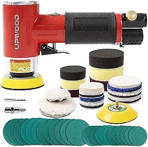 Mini Air Sander with 2'' 3'' Pads, Pneumatic Mini Sander 25mm/50mm Polisher for Auto Body Work Headlight Polishing Paint Cleaning with 24pcs Sandpapers and 16 Sanding Wheels