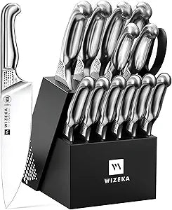 WIZEKA Kitchen Knife Set with Block: 15PCS German Stainless Steel Knife Block Set,One-Piece Design Knives Set for Kitchen, Professional Knife Set with Built-in Sharpener,Starry Sky Series Mothers Day