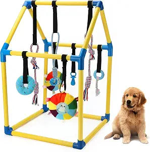 Puppy Play Gym with 8 Hanging Toys for Small Dogs & Puppies | Indoor PVC A-frame jungle gym keeps dogs entertained; offers interactive squeak toys for funny teething & mental stimulus