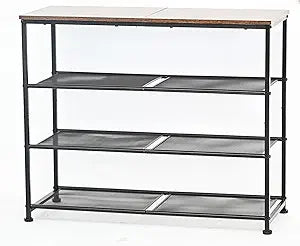 30 Inch Shoe Rack for Closet, 4 Tier Shoe Organizer Storage Bench with Wood Seat & Mesh Shelves, Leveling Feet for Entryway, Rustic Brown