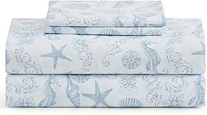 Caribbean Joe Coastal Print Microfiber Sheet Set, Soft, Comfy, 12" Deep Pockets, 4-Piece Queen, Coastal Brocade