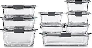 Rubbermaid Brilliance Glass Food Storage Containers, Assorted Sizes, Set of 9, BPA-Free, Leak-Proof, Clear
