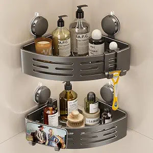 VOLPONE Corner Shower Caddy Suction Cup Shower Shelf Corner No Drilling Bathroom Shower Organizer Storage Rack Adhesive Without Towel Bar (2-Pack, Gray)