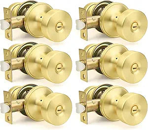 Orger 6 Pack Gold Interior Door Knobs, Reversible Privacy Door Knob with Lock, Keyless Round Doorknob for Bathroom and Bedroom