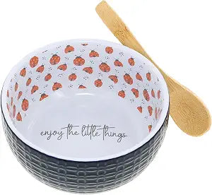 Pavilion Gift Company - Little Things - 11oz 4.5" Ladybug Bowl and Bamboo Spoon Set - Friend Family Appreciation Sentimental Housewarming Spring Kitchenware Serveware