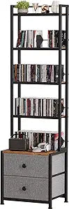 CD Storage Rack with Drawer, 5-Tier DVD Organizer Shelf w/Adjustable Book Stoppers, Media Storage Rack for CD/DVD, Books & Games, Ideal for Living Room & Home Office  15.7x11.8x56.5Inches