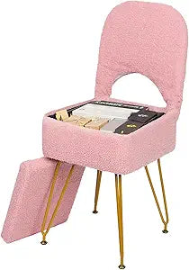 mapleway Small Vanity Stool Chair with Storage and Adjustable Folding Back 12.9" x 14.1" x 29.9" Alpaca Fur Soft Ottoman 4 Metal Legs with Anti-Slip Feet Furry Padded Seat for Makeup, Bedroom, Pink
