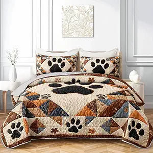 Colorful Dog Paw Print Quilt Bedding Twin 3Pcs Animal Footprint Flower Quilt Bed Set Patchwork Grid Lightweight Soft Bedspread Coverlet with 2 Pillowcases for Kid Boy Girl Teen Adult Bed Decor