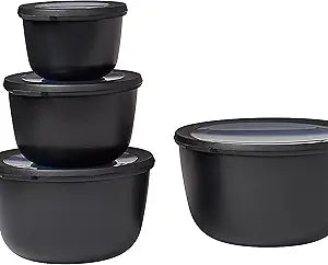 Mepal, Cirqula Set of 4 Multi Food Storage and Serving Bowls with Lids, Food Prep Containers, Deep, Nordic Black, 1 each (17oz, 34oz,68oz,101oz), 1 Set