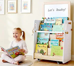 Kids Bookshelf & Easel & Toys Storage Organizer with Wheels, 3-in-1 Wooden Art Easels with Chalkboard & Whiteboard for Toddlers, 5-Tier Montessori Book Shelf for Kids Rooms, Bedroom, Nursery, Playroom