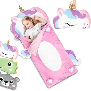 Primlect Kids Sleeping Bag, 3 in 1 Larger Toddler Nap Mat with Pillow, Plush Animal Slumber Bag for Daycare Preschool Kindergarten Birthday Gift Travel Sleepover Ages 3-6 Years, Boys Girls