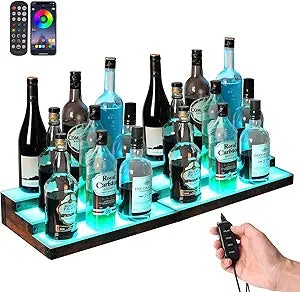 2-Pack 16 LED Lighted Liquor Display, 3-Tier 32Inch Total Bar Shelves for Liquor Bottle, Illuminated Home Bar Shelf with RF & App Control, 7 Colors, Music Sync& 1-4H Timming, Light-Up Whiskey Rack