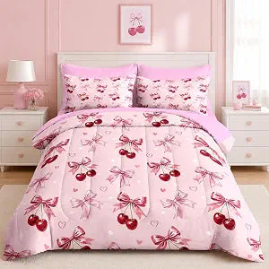 Nesker 5 Pcs Comforter Set Twin Size, Cherry Bow Bedding for Kids Teen Bed Sheet with Pillowcase & Sham