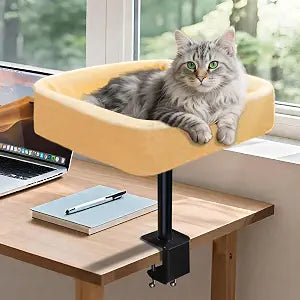 Cat Desk Bed, Sturdy Cats Bed for Desk with Washable Cover, Dual-Sided Breathable Summer & Winter, Comfortable Soft Pet Nest Bed with Reinforced Steel Frame, Easy Assembly for Home Office/Study Room