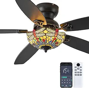 Tiffany Ceiling Fans with Lights - 52" Ceiling Fan Chandelier with 5 Dual-Blades and Glass Shade, 6 Speeds and Reversible, Indoor and Outdoor, Retro Style