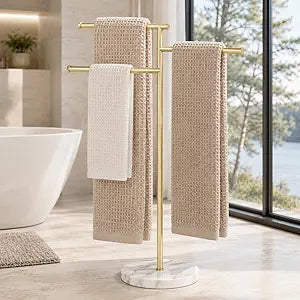 KES Brushed Gold 40-Inch Freestanding Towel Racks for Bathroom with Weighted Natural Marble Base, 3 Swivel Arms Bath Floor Free Standing Towel Racks, 18/8 Stainless Steel, BTH219-BZ