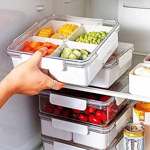 3Pack Snackle Box Divided Veggie Serving Tray with Lid Salad Keeper with 4 Removable Boxes Stackable Refrigerator Organizer Bins Produce Saver for Meal Prep Fruit Vegetable Lunch Meat
