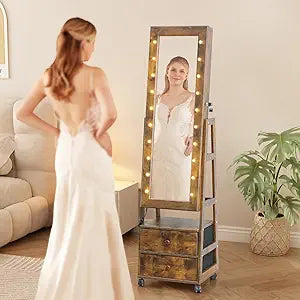 Jewelry Armoire Cabinet Organizer Standing with 20 LED Lights Lockable Full Length Mirror with Storage Shelves and 2 Drawers (Rustic Brown) Adjustable Tilt Angles Gift for Her