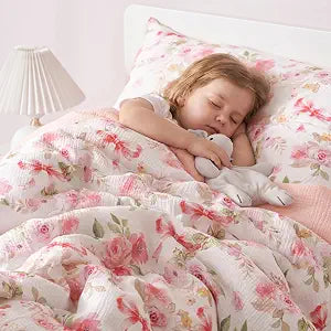 PHF Cotton Muslin Toddler Bedding Set, Soft 3 Piece Toddler Comforter Kids Bed Set, Pink Flower Bow Bedding Set for Girls