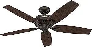 Hunter 52 inch Indoor Ceiling Fan No Light with Pull Chain - Bronze Ceiling Fan without Light, Standard Mount, 5 Blades, For Bedroom, Living Room, or Kitchen, Quiet - Newsome 53320, Premier Bronze